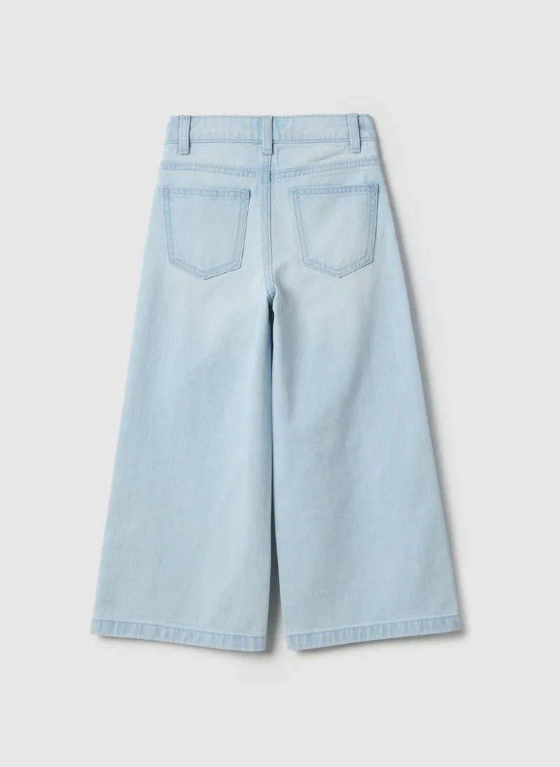 او في اس جينز أوف إس بناتي أزرق فاتح قطن خالص بقصة واسعة وتطريز زهري